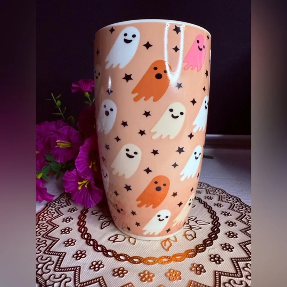 Spooky Ghost Halloween Travel Mug w Lid Cute Fall Ceramic Tumbler 16oz NWT
